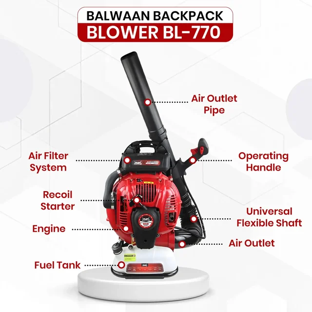 Balwaan Krishi Balwaan BL-770 Professional Backpack Petrol Blower 77cc 2 Stroke Engine, 27 m�/min Air Volume, 105 m/s Air Speed, 2500ml Fuel Tank with Tool Kit & User Manual - MTAK-EN-BL-6017