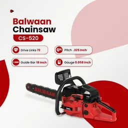 Balwaan Krishi Balwaan CS-520 18 Inch Petrol Chainsaw 52cc 2 Stroke Engine with Titanium Guide Bar, Ultimate Chain, Sharpening File, Tool Kit & Safety Accessories - MTAK-EN-CH-6070