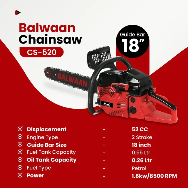 Balwaan Krishi Balwaan CS-520 18 Inch Petrol Chainsaw 52cc 2 Stroke Engine with Titanium Guide Bar, Ultimate Chain, Sharpening File, Tool Kit & Safety Accessories - MTAK-EN-CH-6070