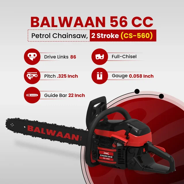 Balwaan Krishi Balwaan CS-560 22 Inch Petrol Chainsaw 56cc 2 Stroke Engine with Titanium Guide Bar, Ultimate Chain, Sharpening File, Tool Kit & Safety Accessories - MTAK-EN-CH-6071