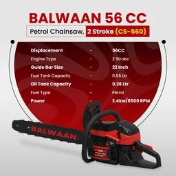 Balwaan Krishi Balwaan CS-560 22 Inch Petrol Chainsaw 56cc 2 Stroke Engine with Titanium Guide Bar, Ultimate Chain, Sharpening File, Tool Kit & Safety Accessories - MTAK-EN-CH-6071