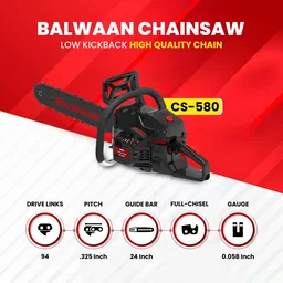 Balwaan Krishi Balwaan CS-580 24 Inch Petrol Chainsaw 58cc High RPM 2 Stroke Engine with Titanium Guide Bar, Ultimate Chain, Sharpening File, Tool Kit & Safety Accessories - MTAK-EN-CH-6072