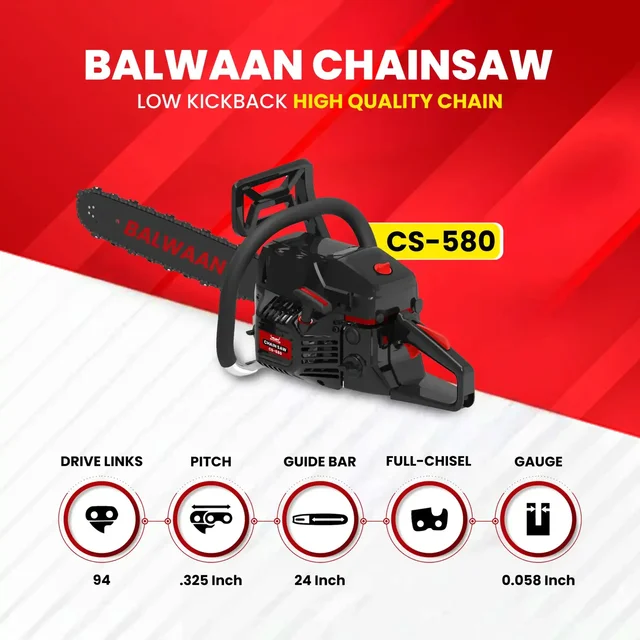 Balwaan Krishi Balwaan CS-580 24 Inch Petrol Chainsaw 58cc High RPM 2 Stroke Engine with Titanium Guide Bar, Ultimate Chain, Sharpening File, Tool Kit & Safety Accessories - MTAK-EN-CH-6072