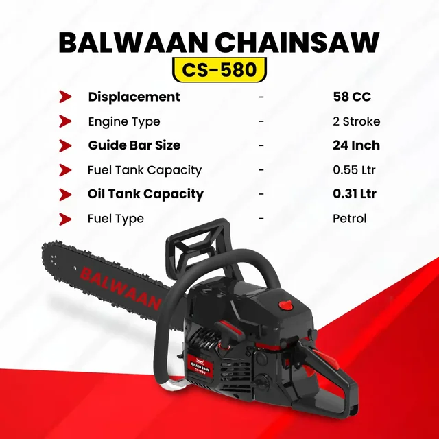 Balwaan Krishi Balwaan CS-580 24 Inch Petrol Chainsaw 58cc High RPM 2 Stroke Engine with Titanium Guide Bar, Ultimate Chain, Sharpening File, Tool Kit & Safety Accessories - MTAK-EN-CH-6072