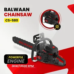 Balwaan Krishi Balwaan CS-580 24 Inch Petrol Chainsaw 58cc High RPM 2 Stroke Engine with Titanium Guide Bar, Ultimate Chain, Sharpening File, Tool Kit & Safety Accessories - MTAK-EN-CH-6072