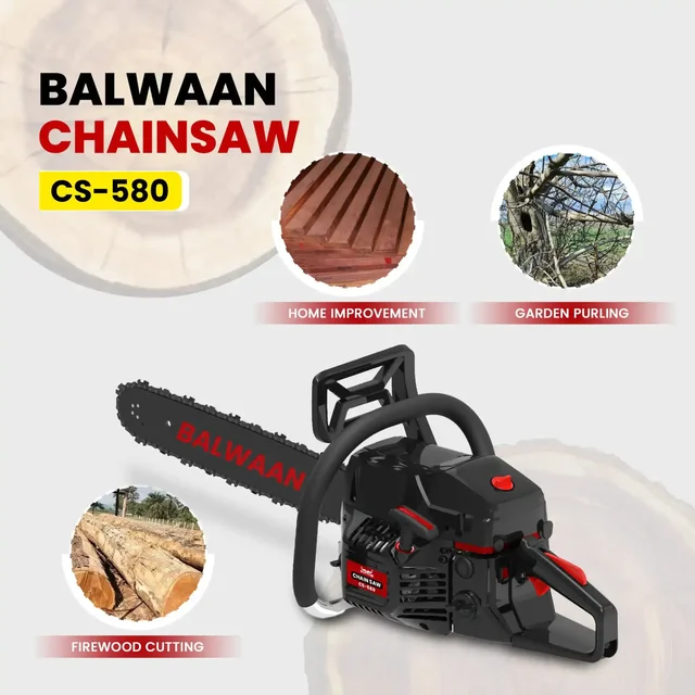 Balwaan Krishi Balwaan CS-580 24 Inch Petrol Chainsaw 58cc High RPM 2 Stroke Engine with Titanium Guide Bar, Ultimate Chain, Sharpening File, Tool Kit & Safety Accessories - MTAK-EN-CH-6072