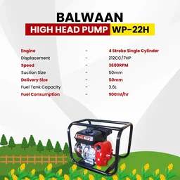 Balwaan Krishi Balwaan WP-22H High Head Water Pump 2x2 Inch 4 Stroke Petrol Engine with Oil Alert, Strong Frame, Tool Kit & User Manual - MTAK-EN-WA-6068