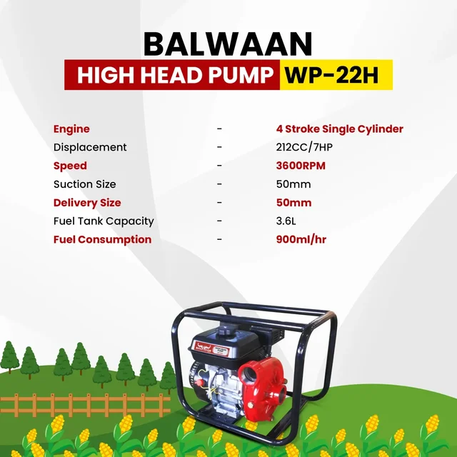 Balwaan Krishi Balwaan WP-22H High Head Water Pump 2x2 Inch 4 Stroke Petrol Engine with Oil Alert, Strong Frame, Tool Kit & User Manual - MTAK-EN-WA-6068