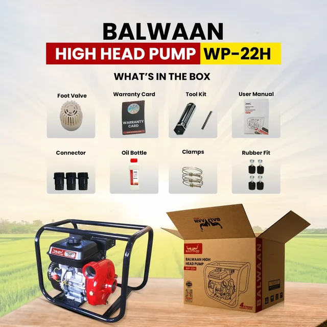 Balwaan Krishi Balwaan WP-22H High Head Water Pump 2x2 Inch 4 Stroke Petrol Engine with Oil Alert, Strong Frame, Tool Kit & User Manual - MTAK-EN-WA-6068