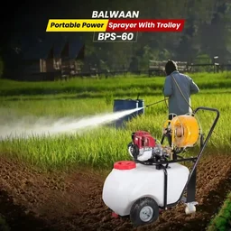 Balwaan Krishi Balwaan BPS-60 Portable Power Sprayer with Trolley 35cc 4 Stroke Petrol Engine, 30m Hose Pipe, 35cm & 60cm Straight Brass Guns and Wheels - MTAK-EN-SP-7068