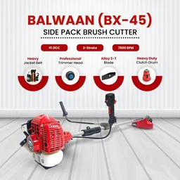 Balwaan Krishi Balwaan BX-45 Professional Side Pack Brush Cutter 41.5cc 2 Stroke Petrol Engine with 2T Blade, Trimmer Head, Single Shaft, Jacket Belt, Heavy Gear Head & Tool Kit - MTAK-EN-BR-6029