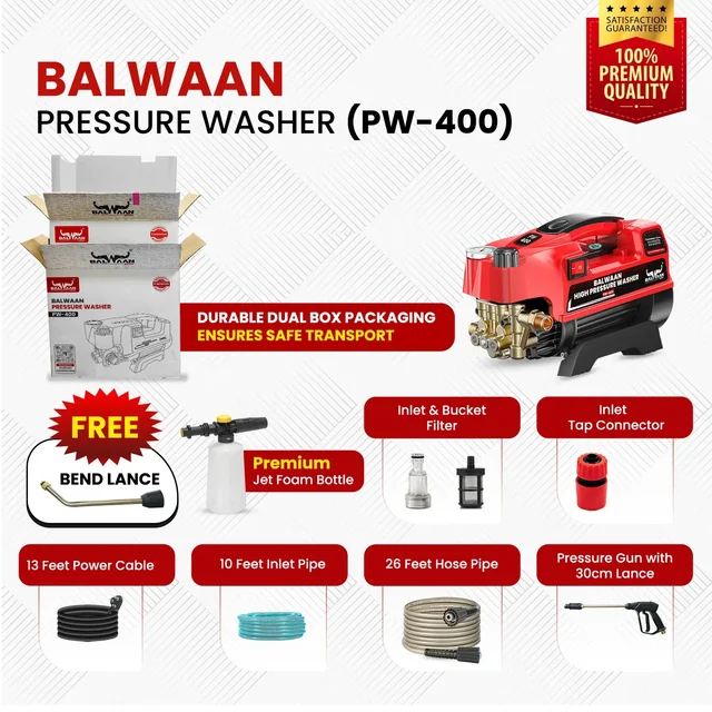 Balwaan Krishi Balwaan PW-400 Pressure Washer 1800W Electric Motor with Adjustable Brass Pump, Straight & Bend Lances, 1L Foam Bottle, 26 Feet High-Pressure Pipe, 10 Feet Suction Pipe & 4m Power Cord - MTAK-EL-PR-6036
