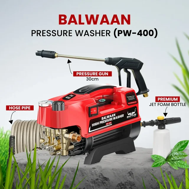 Balwaan Krishi Balwaan PW-400 Pressure Washer 1800W Electric Motor with Adjustable Brass Pump, Straight & Bend Lances, 1L Foam Bottle, 26 Feet High-Pressure Pipe, 10 Feet Suction Pipe & 4m Power Cord - MTAK-EL-PR-6036
