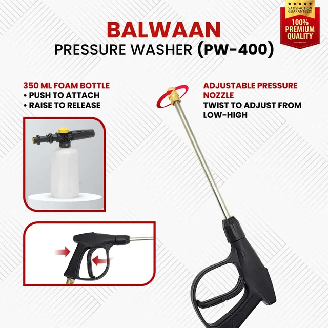 Balwaan Krishi Balwaan PW-400 Pressure Washer 1800W Electric Motor with Adjustable Brass Pump, Straight & Bend Lances, 1L Foam Bottle, 26 Feet High-Pressure Pipe, 10 Feet Suction Pipe & 4m Power Cord - MTAK-EL-PR-6036