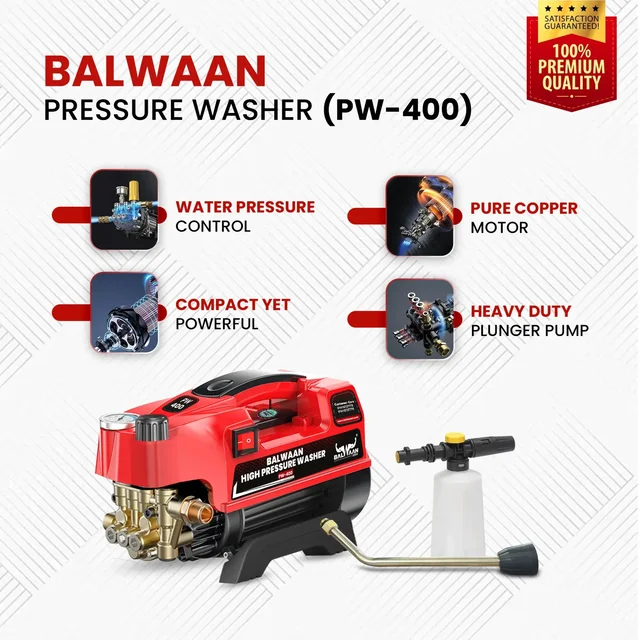 Balwaan Krishi Balwaan PW-400 Pressure Washer 1800W Electric Motor with Adjustable Brass Pump, Straight & Bend Lances, 1L Foam Bottle, 26 Feet High-Pressure Pipe, 10 Feet Suction Pipe & 4m Power Cord - MTAK-EL-PR-6036