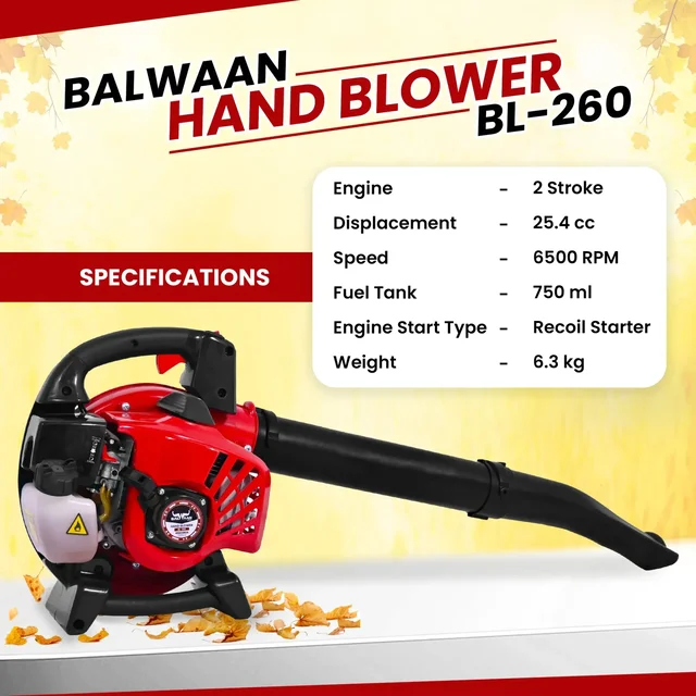 Balwaan Krishi Balwaan BL-260 Handheld Petrol Blower 26cc 2 Stroke Engine for Light-Duty Work with Tool Kit & User Manual - MTAK-EN-BL-6016