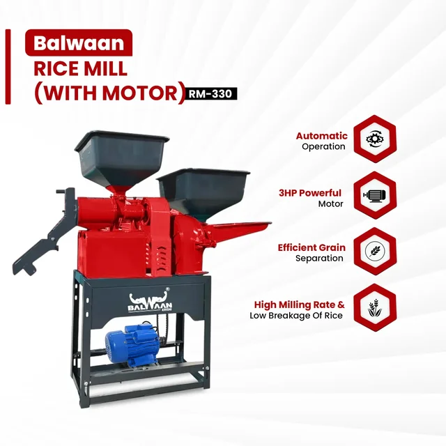 Balwaan Krishi Balwaan RM-330 Combine Rice Mill With 3 HP Motor | 2800 Rpm Motor Operated Rice Huller & Paddy Milling Machine | Copper Winding Motor With Flow Adjuster For Efficient Rice Processing | Agricultural Rice Mill With User Manual | Mtak-El-Po-6067