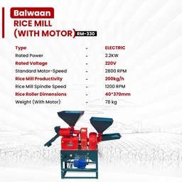 Balwaan Krishi Balwaan RM-330 Combine Rice Mill With 3 HP Motor | 2800 Rpm Motor Operated Rice Huller & Paddy Milling Machine | Copper Winding Motor With Flow Adjuster For Efficient Rice Processing | Agricultural Rice Mill With User Manual | Mtak-El-Po-6067