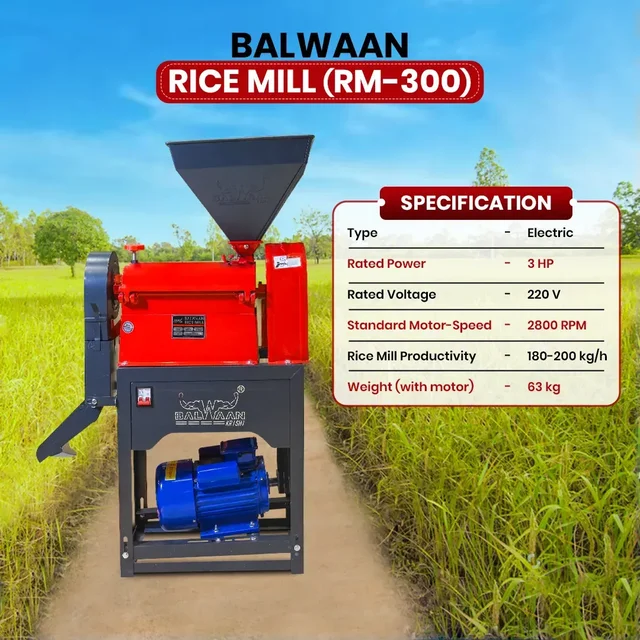 Balwaan Krishi Balwaan RM-300 Rice Mill Ci Model With 3 Hp Motor | 2800 Rpm Motor Operated Rice Huller & Paddy Milling Machine | Copper Winding Motor With Trip Switch For Efficient Rice Processing | Agricultural Rice Mill With User Manual | Mtak-El-Po-6065