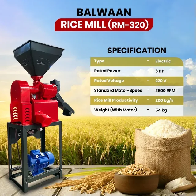 Balwaan Krishi Balwaan RM-320 New Model Rice Mill With 3 Hp Motor | 2800 Rpm Motor Operated Rice Huller & Paddy Milling Machine | Copper Winding Motor With Trip Switch & Flow Adjuster | Efficient Agricultural Rice Processing Machine With User Manual | Mtak-El-Po-6066