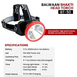 Balwaan Krishi Balwaan Shakti BT-50 Rechargeable Head Torch. 2000mAh Battery LED Headlamp With Adjustable Head Belt,USB Charging Flashlight For Farming, Camping, Outdoor & Emergency Use| MTAK-BA-TO-5430