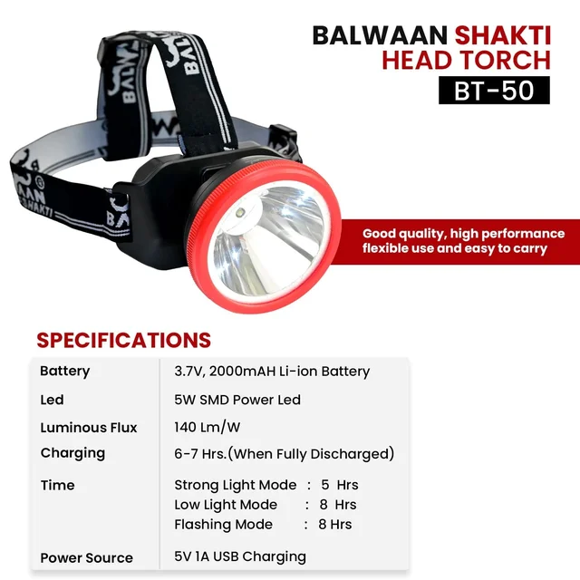 Balwaan Krishi Balwaan Shakti BT-50 Rechargeable Head Torch. 2000mAh Battery LED Headlamp With Adjustable Head Belt,USB Charging Flashlight For Farming, Camping, Outdoor & Emergency Use| MTAK-BA-TO-5430