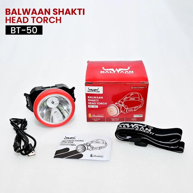 Balwaan Krishi Balwaan Shakti BT-50 Rechargeable Head Torch. 2000mAh Battery LED Headlamp With Adjustable Head Belt,USB Charging Flashlight For Farming, Camping, Outdoor & Emergency Use| MTAK-BA-TO-5430