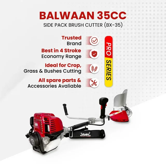 Balwaan Krishi Balwaan BX-35 Pro Side Pack Brush Cutter 35cc 4 Stroke Petrol Engine with 3T & 80T Blades, Trimmer Head, Nylon Rope, Double Shaft, Jacket Belt & Tool Kit - MTAK-EN-BR-6033