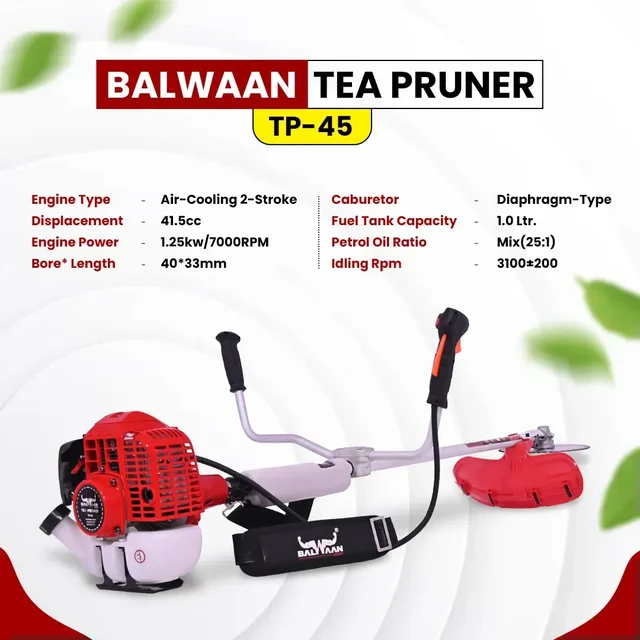 Balwaan Krishi Balwaan TP-45 Tea Pruner 41.5cc 2 Stroke Petrol Side Pack Tea Harvester with 100T Carbide Blade, 90 Gear Head, Single Shaft & Side Belt - MTAK-EN-TE-6027