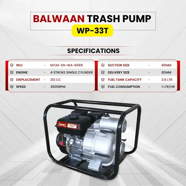 Balwaan Krishi Balwaan WP-33T Trash Pump 3x3 Inch 4 Stroke Petrol Engine High Head Water Pump with Oil Alert, Strong Frame, Tool Kit & User Manual - MTAK-EN-WA-6069
