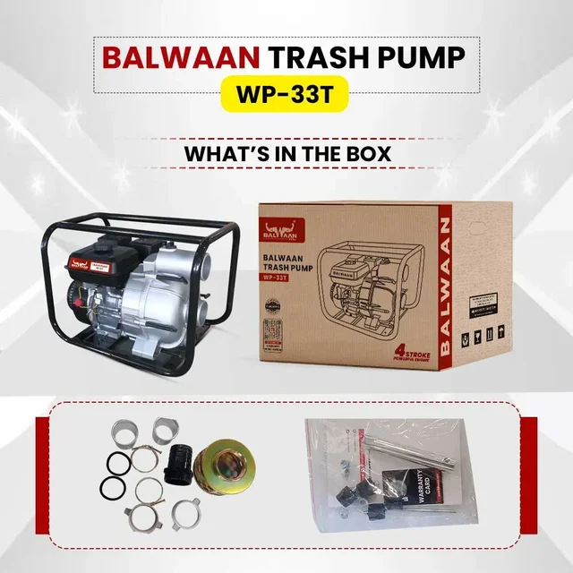 Balwaan Krishi Balwaan WP-33T Trash Pump 3x3 Inch 4 Stroke Petrol Engine High Head Water Pump with Oil Alert, Strong Frame, Tool Kit & User Manual - MTAK-EN-WA-6069