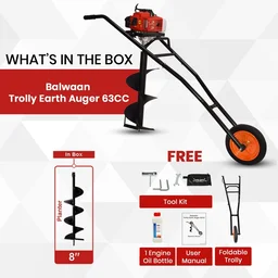 Balwaan Krishi Balwaan BE-63T Trolley Tree Planter 63cc 2 Stroke Petrol Engine with Double Gearbox, Trolley Frame, Trolley Kit, Tool Kit & User Manual l Without Bit - MTAK-EN-EA-981