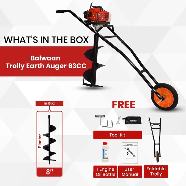 Balwaan Krishi Balwaan BE-63T Trolley Tree Planter 63cc 2 Stroke Petrol Engine with Double Gearbox, Trolley Frame, Trolley Kit, Tool Kit & User Manual l Without Bit - MTAK-EN-EA-981