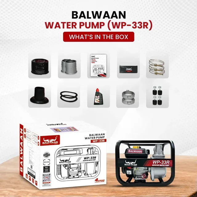 Balwaan Krishi Balwaan WP-33R Premium Water Pump 3x3 Inch 4 Stroke Petrol Engine with Oil Alert, Square Frame, Tool Kit & User Manual - MTAK-EN-WA-4973