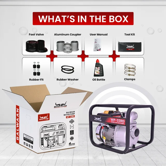 Balwaan Krishi Balwaan WP-33RD Premium Diesel Water Pump 3x3 Inch 4 Stroke Diesel Engine with Oil Alert, Square Frame, Tool Kit & User Manual - MTAK-EN-WA-6018