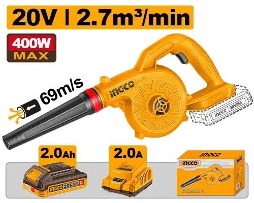 INGCO CABLI20781 20V Cordless Air Blower | 18000 RPM | 2.7m�/min Max Air Volume | 2.0Ah Battery & Charger | Portable Electric Blower