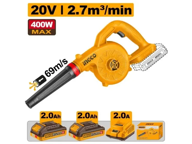 INGCO CABLI20782 20V Cordless Air Blower | 18000 RPM | 2.7m�/min Max Air Volume | 2 x 2.0Ah Batteries & Charger | Portable Electric Blower