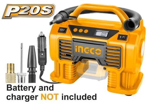 INGCO CACLI2002 20V Cordless Air Compressor | 160 PSI / 11 Bar Max Pressure | Portable Tyre Inflator | Integrated Work Light | Adapters & 3m Car Cord