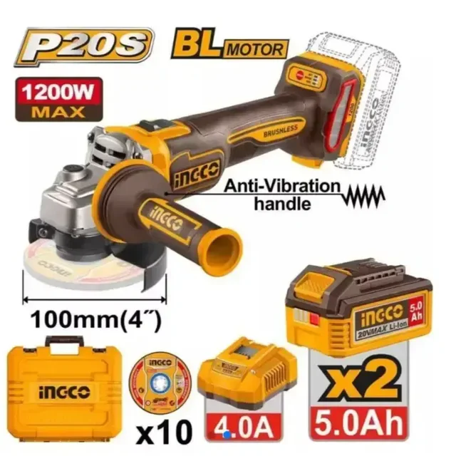 INGCO CAGLI2120232 20V Brushless Cordless Angle Grinder | 1200W Max Input Power | 100mm Disc | 3000/6000/9000 RPM | Anti-Vibration Handle | 2 x 5.0Ah Batteries