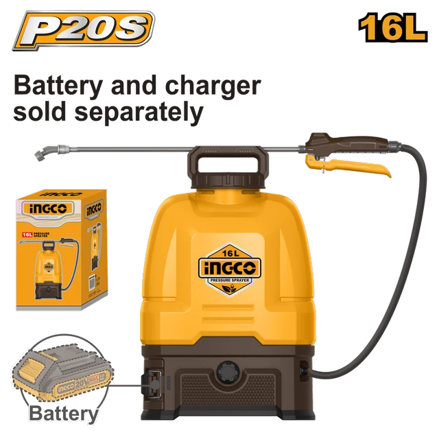 INGCO CSPLI2016 20V Cordless Pressure Sprayer | 5 Bar Pressure | 1.71 L/min Flow Rate | 3800ml Output | 2-Speed Control | PE Tank