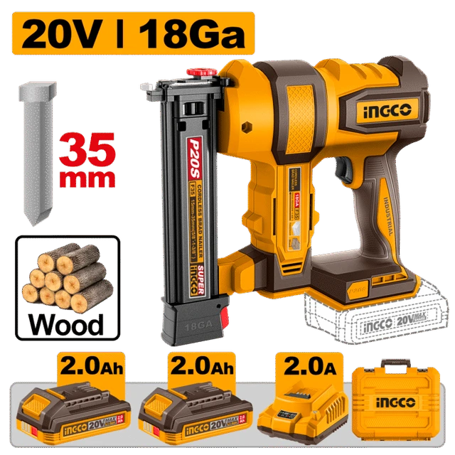 INGCO CBNLI20686 20V Cordless Brad Nailer | F15-F35 Nail Gun | 2 Nails/s Drive Rate | 105-Piece Magazine | 1000 Brad Nails | 2 x 2.0Ah Batteries & Charger