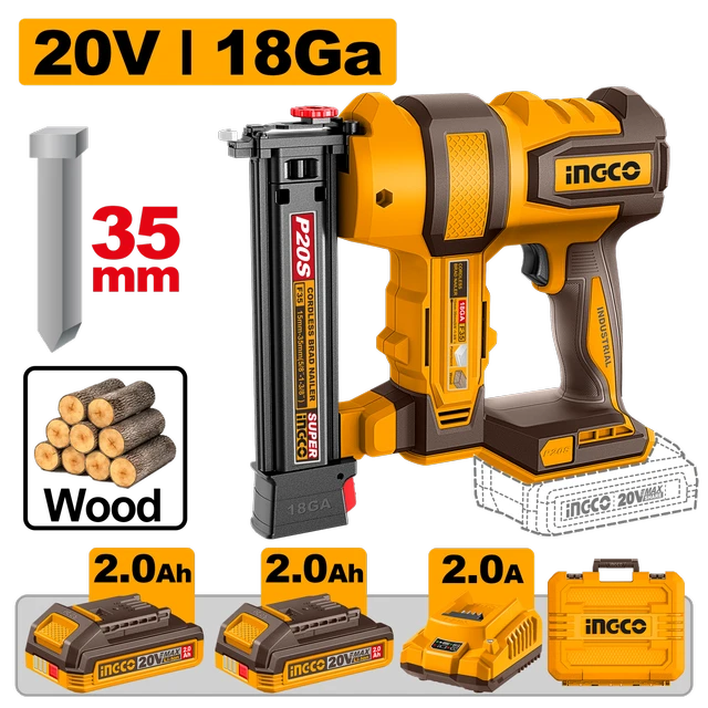 INGCO CBNLI20686 20V Cordless Brad Nailer | F15-F35 Nail Gun | 2 Nails/sec Drive Rate | 105-Piece Magazine | 1000 Brad Nails, 2 x 2.0Ah Batteries & Charger