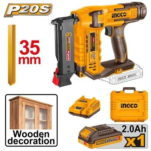 INGCO CBNLI3606 20V Cordless Pin Nailer | 10-35mm Pin Nail Gun | 2 Nails/sec Drive Rate | 140-Piece Magazine | 3600 Pin Nails, 2.0Ah Battery & Charger
