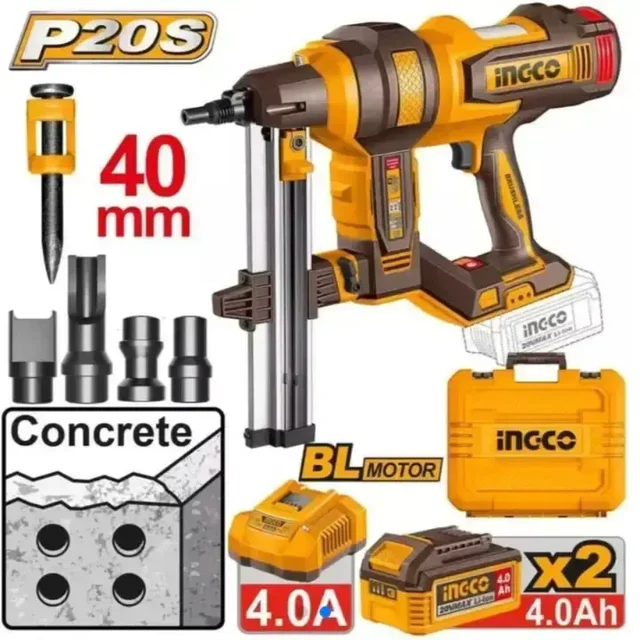 INGCO CCNLI9008 20V Brushless Cordless Concrete & Steel Nailer | 19-40mm Fastener Range | Cable & Conduit Fastening | 1000 x 27mm Nails