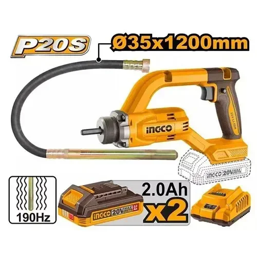 INGCO CCVLI2025021 20V Cordless Concrete Vibrator | 35 x 1200mm Vibrator Poker | 190Hz Vibration Frequency | 2300 RPM | 2 x 2.0Ah Batteries & Charger