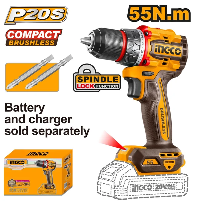 INGCO CDLI205581 20V Brushless Cordless Drill Driver | 55Nm Max Torque | 2-Speed 0-500/0-2000 RPM | 13mm Metal Chuck | Spindle Lock | LED Work Light