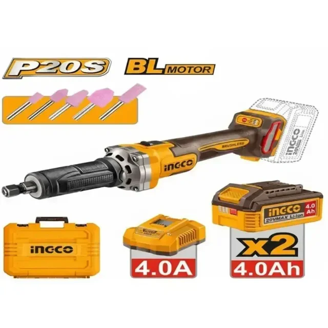 INGCO CDGLI20012 20V Brushless Cordless Die Grinder | 30000 RPM | 6mm / 1/4" Collet | 3-Speed Control | 2 x 4.0Ah Batteries & 4A Charger | 5 Mounted Points