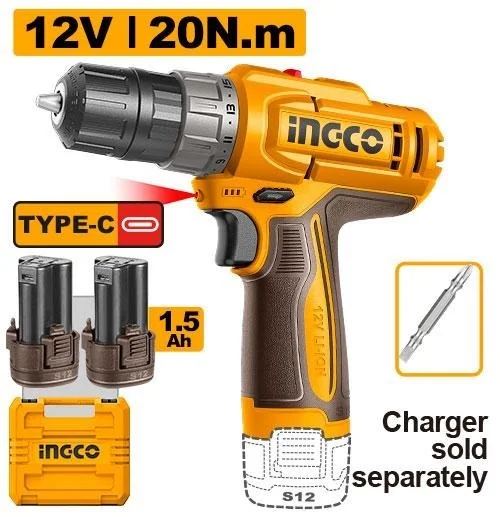 INGCO CDLI12206 12V Cordless Drill Driver Kit | 20Nm | 2-Speed | Dual 1.5Ah Batteries