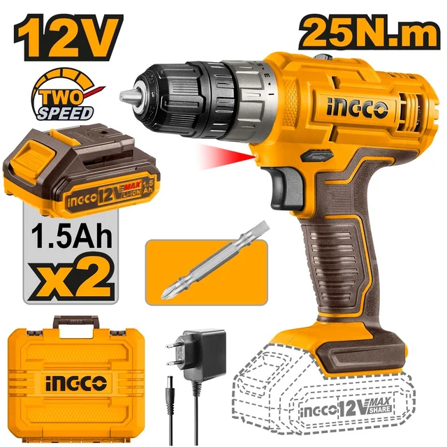 INGCO CDLI1228 12V Cordless Drill Driver | 25Nm | 2-Speed | Dual 1.5Ah Batteries