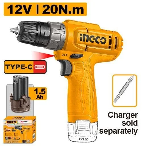INGCO Cordless drill CDLI12456 features 12V voltage and 0-750rpm no-load speed for practical, reliable performance in everyday workshop tasks.